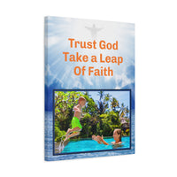 Canvas wall art with “Leap of Faith” design child jumping into pool with the message