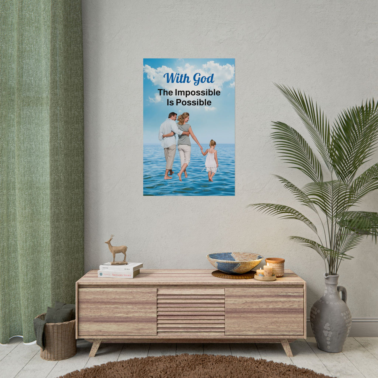 Inspirational poster with “Impossible Family” design, a family walking on water with the message "With God, The Impossible Is Possible," semi-gloss finish, vibrant Giclée print, available in 3 sizes, faith-based wall art for home or office, concept 24x36 poster on wall