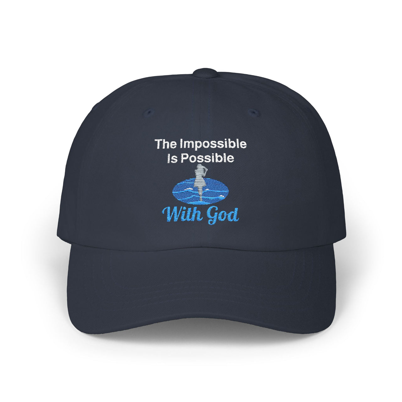 Classic cotton baseball cap with "Impossible Woman" design, message “The Impossible Is Possible with God,” adjustable fit, spiritual hat for women of purpose, navy cap