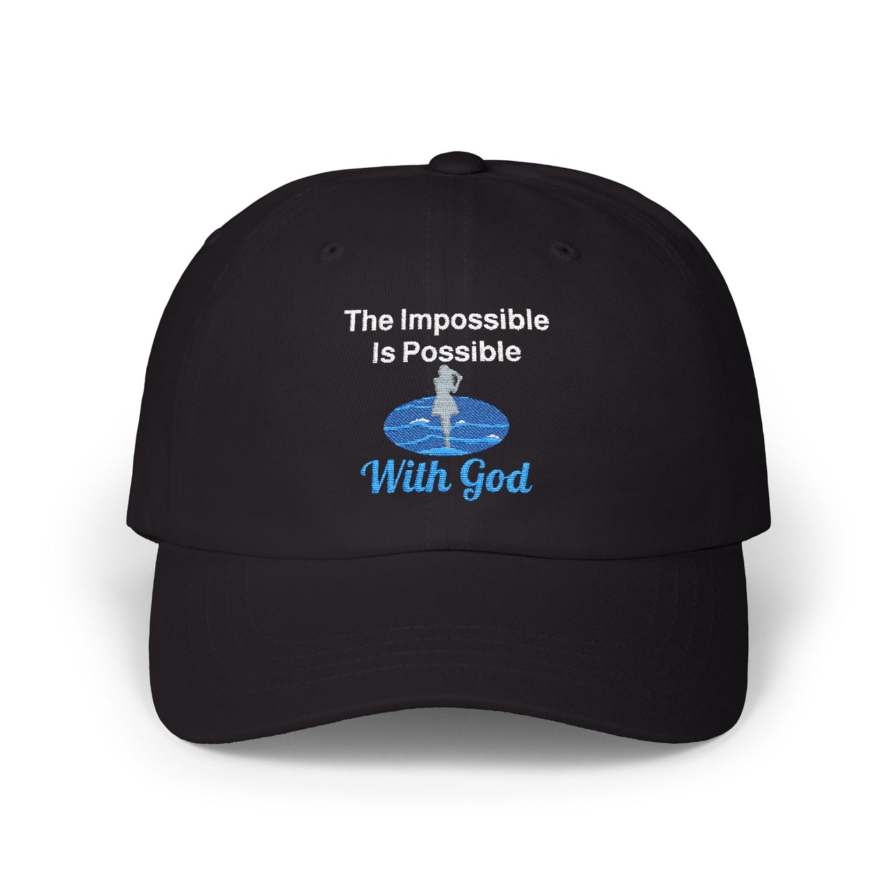 Classic cotton baseball cap with "Impossible Woman" design, message “The Impossible Is Possible with God,” adjustable fit, spiritual hat for women of purpose, black cap