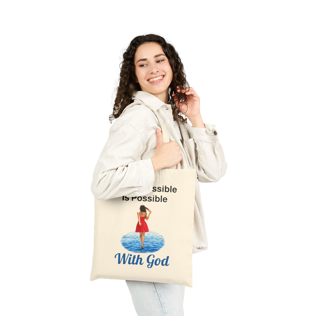 Cotton canvas tote bag with "Impossible Woman" design, message “The Impossible Is Possible with God,” printed on both sides, durable spiritual tote bag for women of purpose, woman carrying natural tote bag