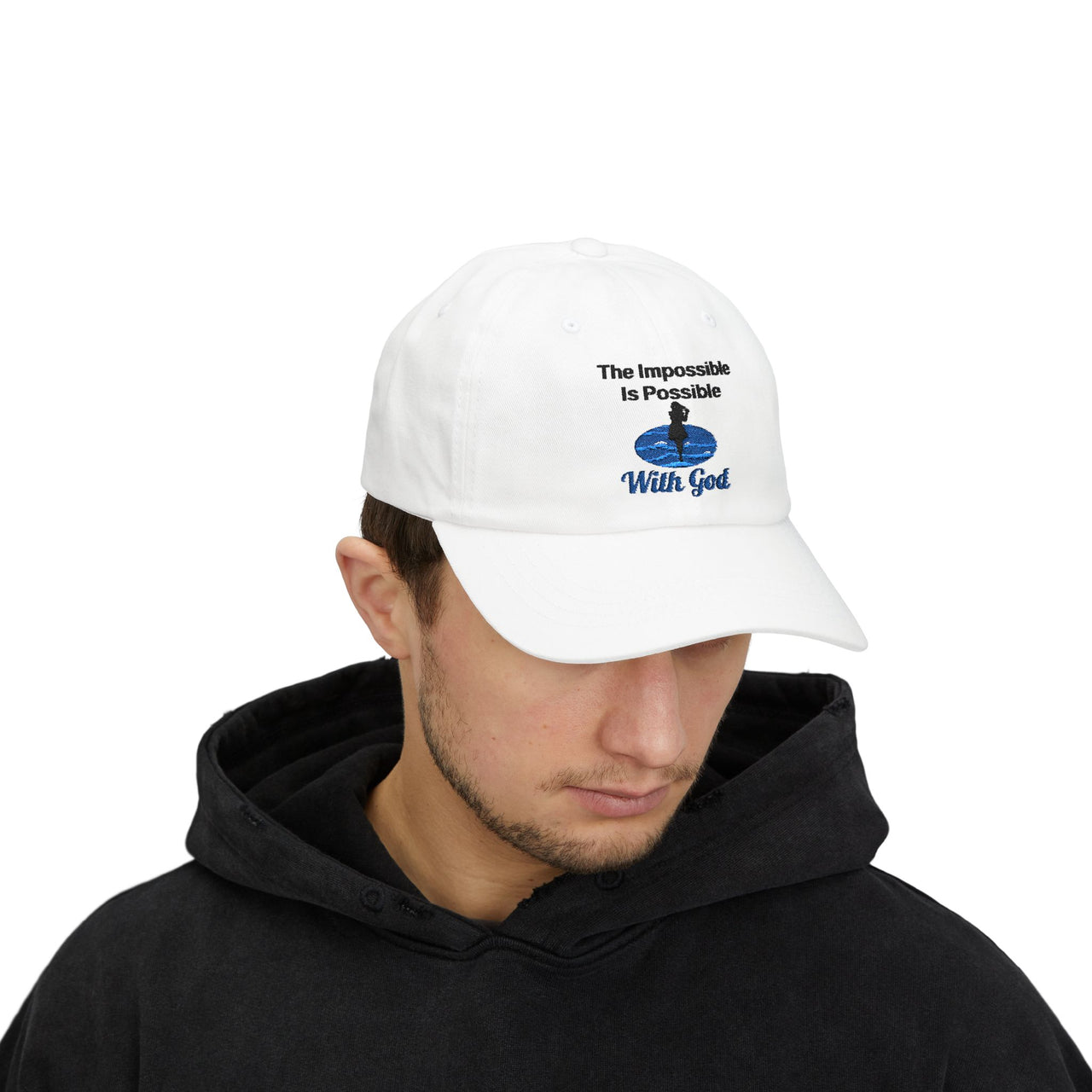 Classic cotton baseball cap with "Impossible Woman" design, message “The Impossible Is Possible with God,” adjustable fit, spiritual hat for women of purpose, man wearing white cap
