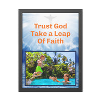 Black wood framed inspirational poster with “Leap of Faith” design, child jumping into pool, with the message