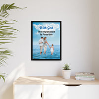 Framed canvas wall art with “Impossible Family” design, family walking on water with message