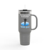 40oz inspirational travel mug with “Impossible Man” design message