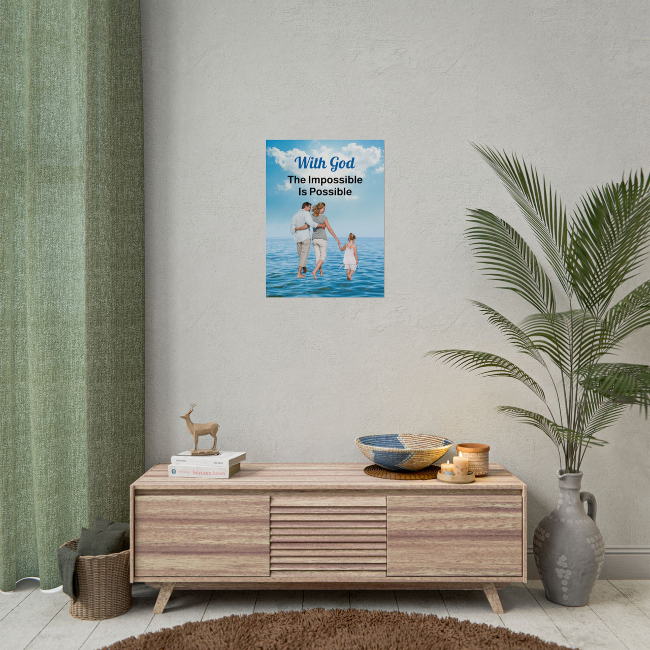 Inspirational poster with “Impossible Family” design, a family walking on water with the message "With God, The Impossible Is Possible," semi-gloss finish, vibrant Giclée print, available in 3 sizes, faith-based wall art for home or office, concept 18x24 poster on wall