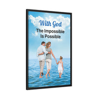 Framed canvas wall art with “Impossible Family” design, family walking on water with message