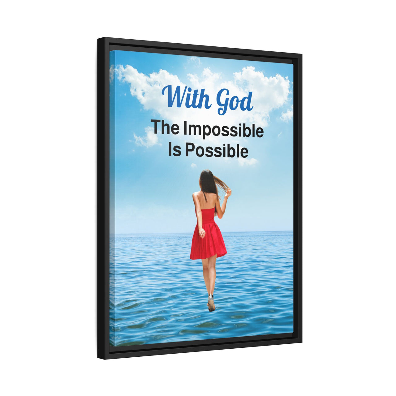 Framed canvas wall art with “Impossible Woman” design, woman walking on water with message "With God, The Impossible Is Possible," spiritual message, black pinewood frame, ready to hang, 18x24 framed wall art