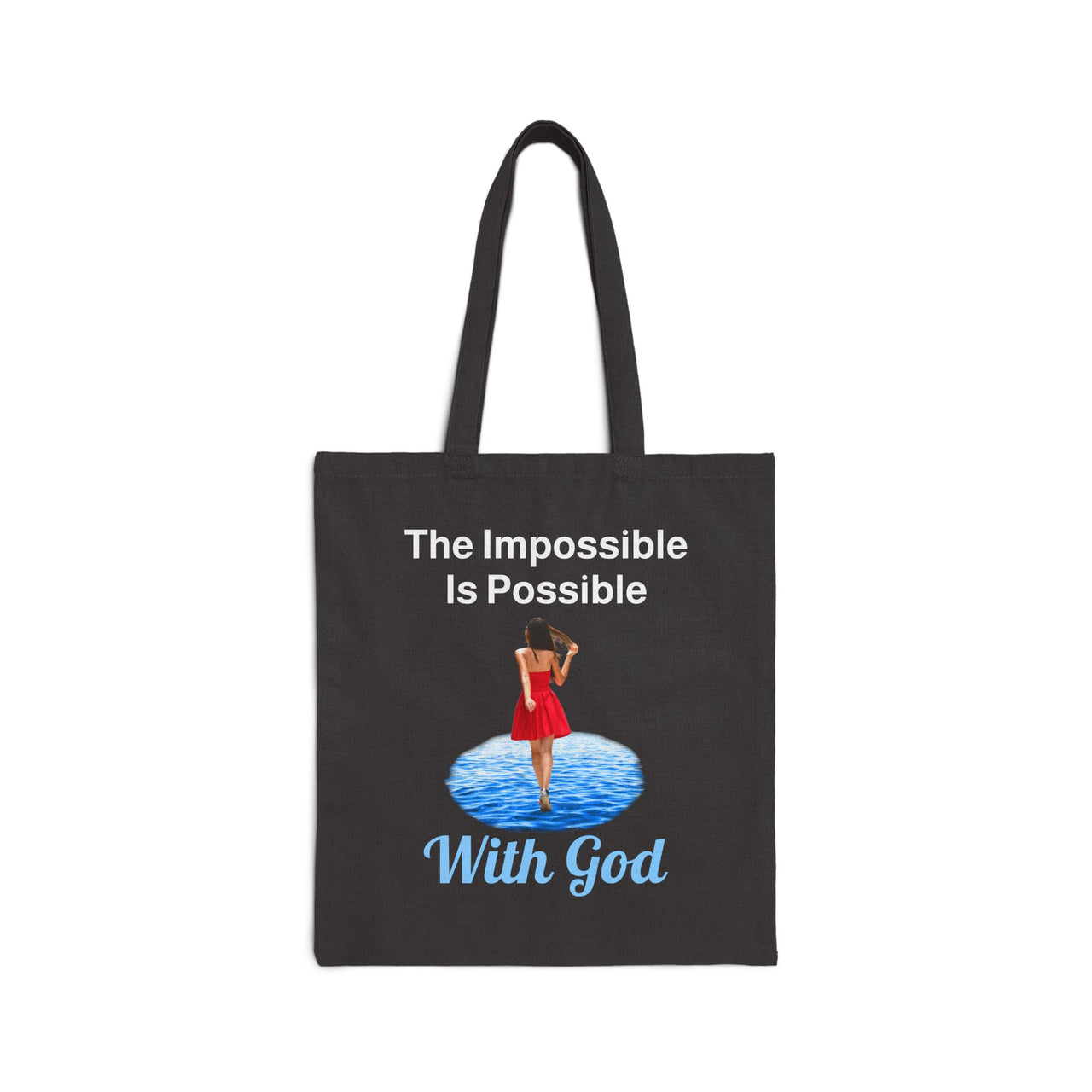 Cotton canvas tote bag with "Impossible Woman" design, message “The Impossible Is Possible with God,” printed on both sides, durable spiritual tote bag for women of purpose, black tote bag