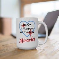 Inspirational faith-based ceramic mug with “Miracles Happen” design with message