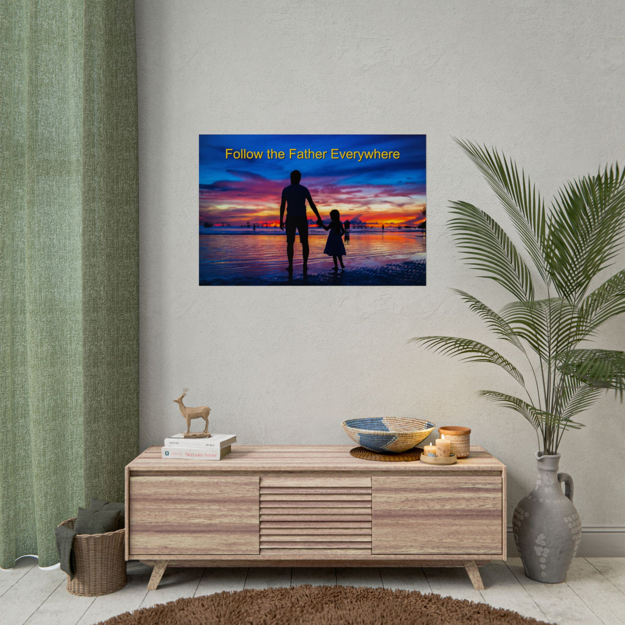 Inspirational poster with “Follow the Father” design, child walking with father, semi-gloss finish, vibrant Giclée print, available in 3 sizes, hope-filled wall art for home or office,  36x24 poster on wall
