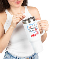 40oz faith-based travel mug with “Miracles Happen” design message