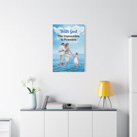 Canvas wall art with “Impossible Family” design, family walking on water with the message