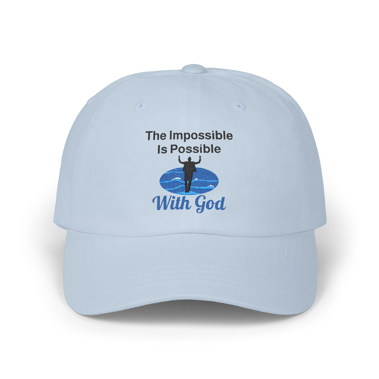 Classic cotton baseball cap with "Impossible Man" design, message “The Impossible Is Possible With God,” adjustable fit, spiritual hat for men walking in faith, light blue cap