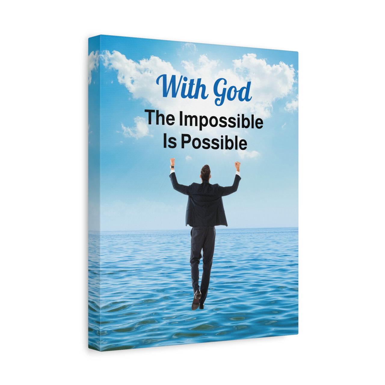 Canvas wall art with “Impossible Man” design, man walking on water with the message "With God, The Impossible Is Possible," pinewood frame, faith-based inspirational message, ready to hang, 11x14 canvas wall art