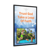 Framed canvas wall art with “Leap of Faith” design, child jumping into pool with message