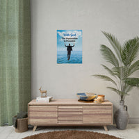 Faith-inspired poster with “Impossible Man” design - man walking on water with the message,