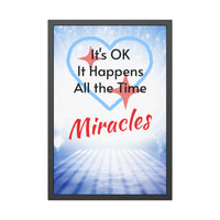 Black wood framed inspirational poster with “Miracles Happen” design with the message