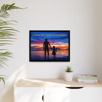 Framed canvas wall art with “Follow the Father” design, child walking with father with message