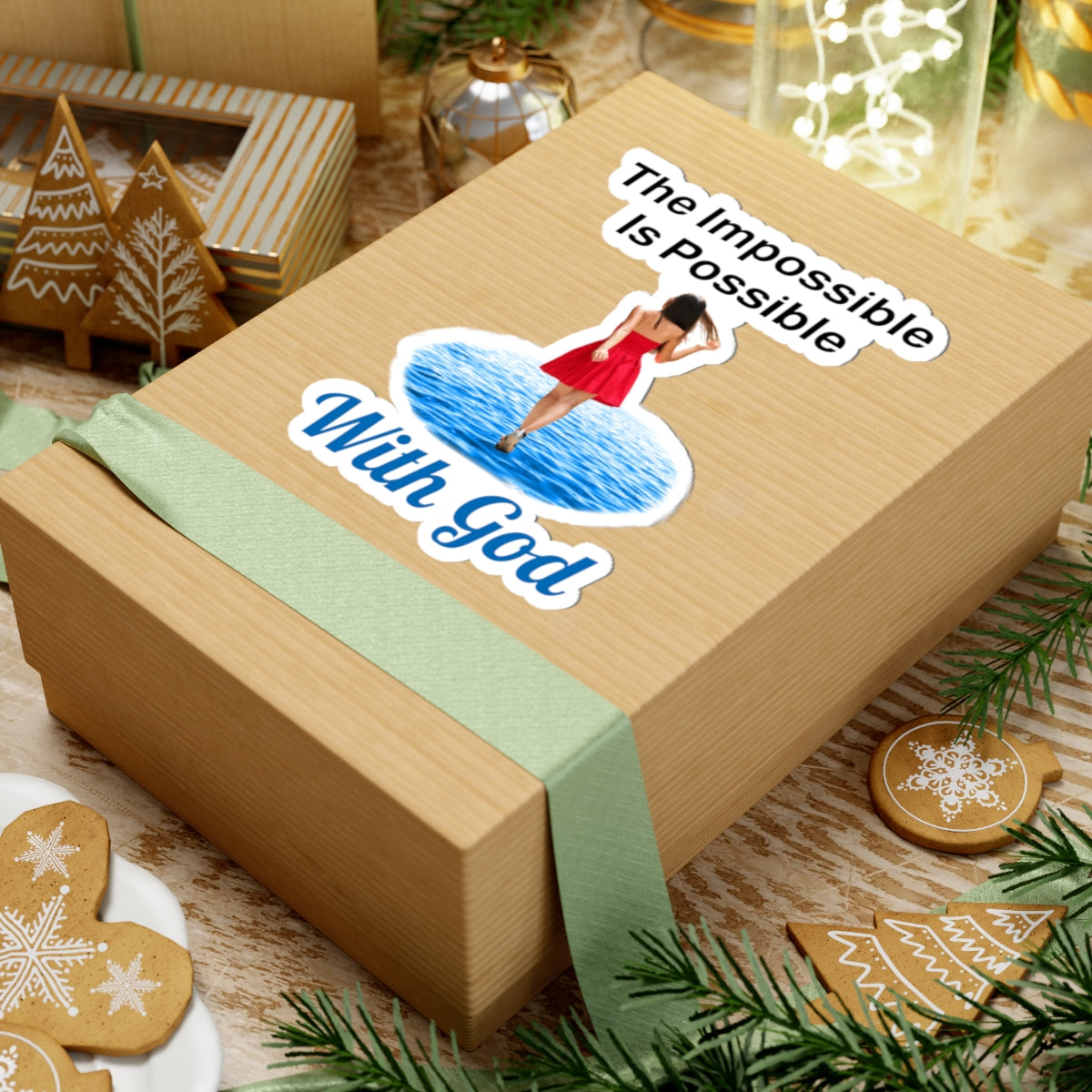 Large vinyl sticker with “Impossible Woman” design, message “The Impossible Is Possible with God,” glossy finish, inspirational sticker for adventurous women to make the impossible their reality, 6-inch sticker on gift box