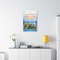 Canvas wall art with “Leap of Faith” design child jumping into pool with the message