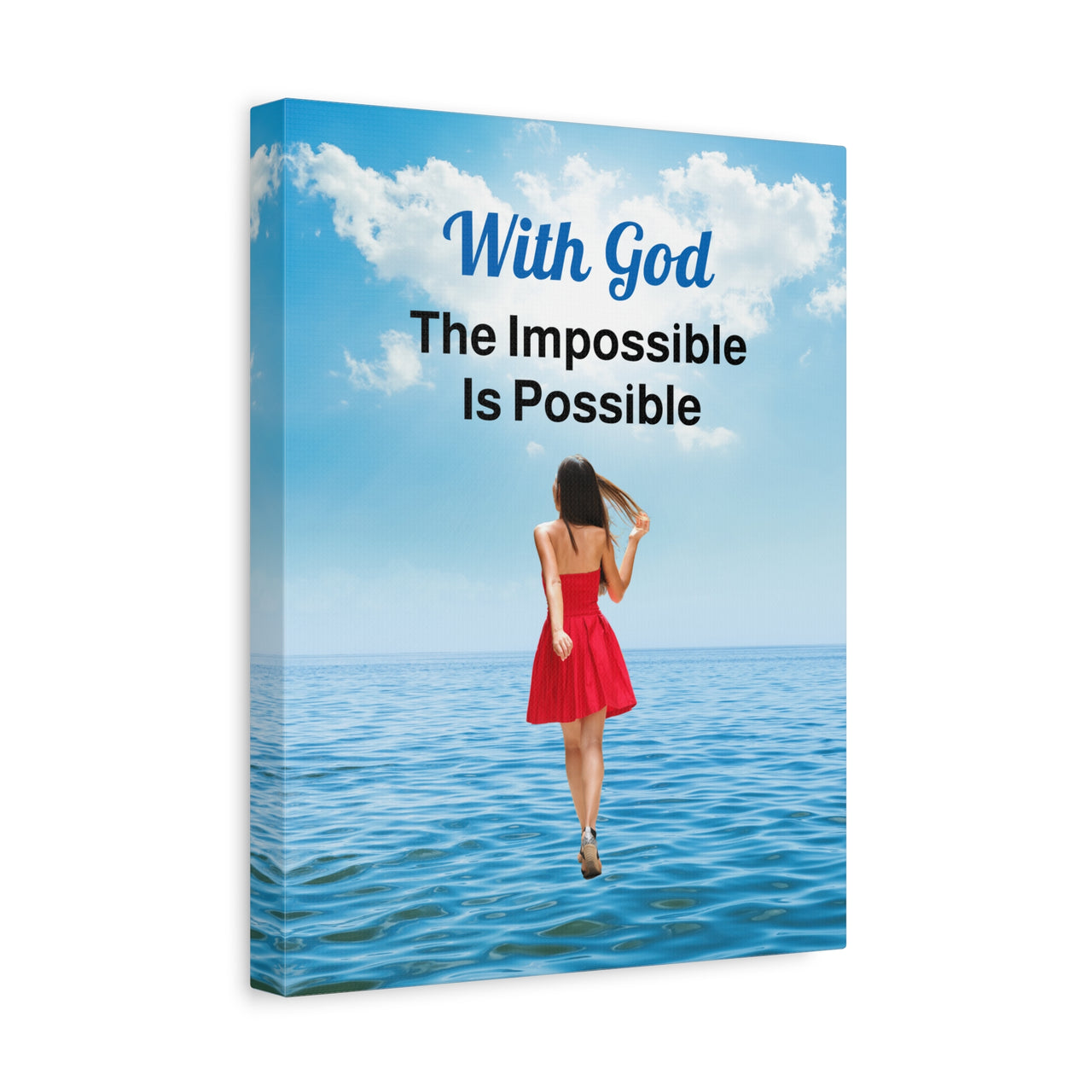 Canvas wall art with “Impossible Woman” design, woman walking on water with the message "With God, The Impossible Is Possible," pinewood frame, inspirational faith-based message, ready to hang, 11x14 canvas wall art