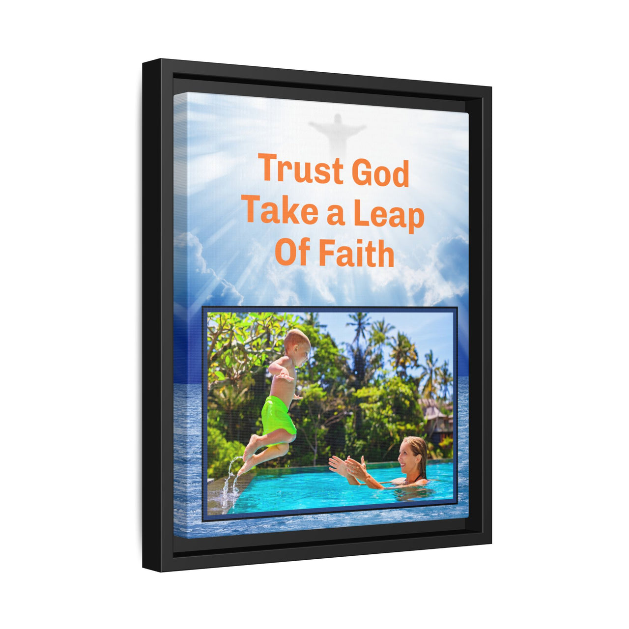 Framed canvas wall art with “Leap of Faith” design, child jumping into pool with message "Trust God, Take a Leap of Faith," faith-based décor, black pinewood frame, ready to hang, 11x14 framed wall art
