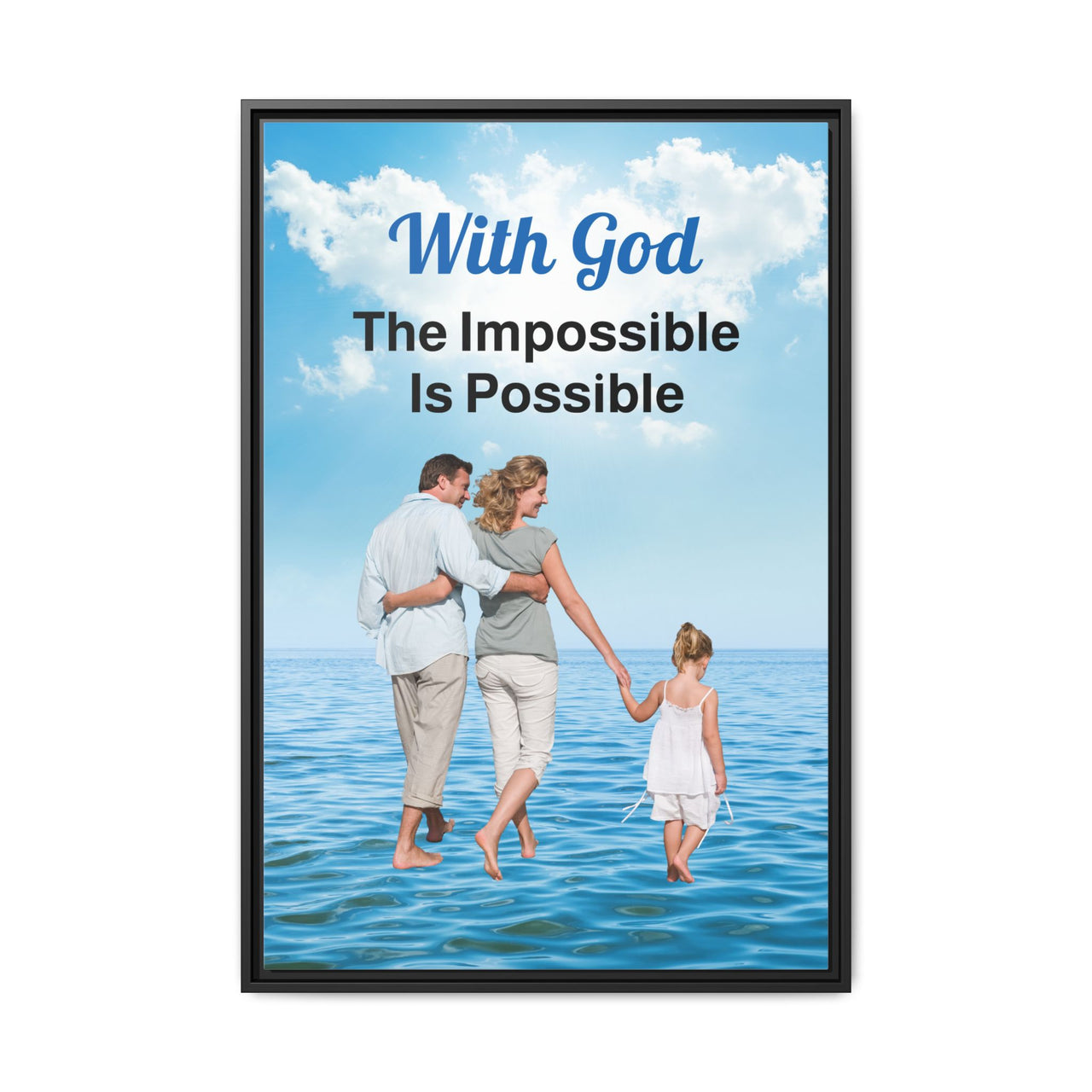 Framed canvas wall art with “Impossible Family” design, family walking on water with message "With God, The Impossible Is Possible," inspirational home décor, black pinewood frame, ready to hang, 24x36 framed wall art view 2