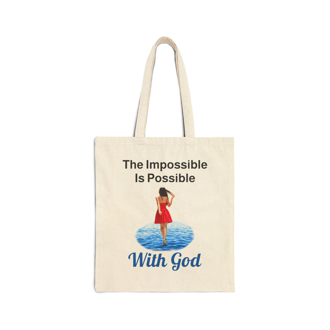 Cotton canvas tote bag with "Impossible Woman" design, message “The Impossible Is Possible with God,” printed on both sides, durable spiritual tote bag for women of purpose, natural tote bag