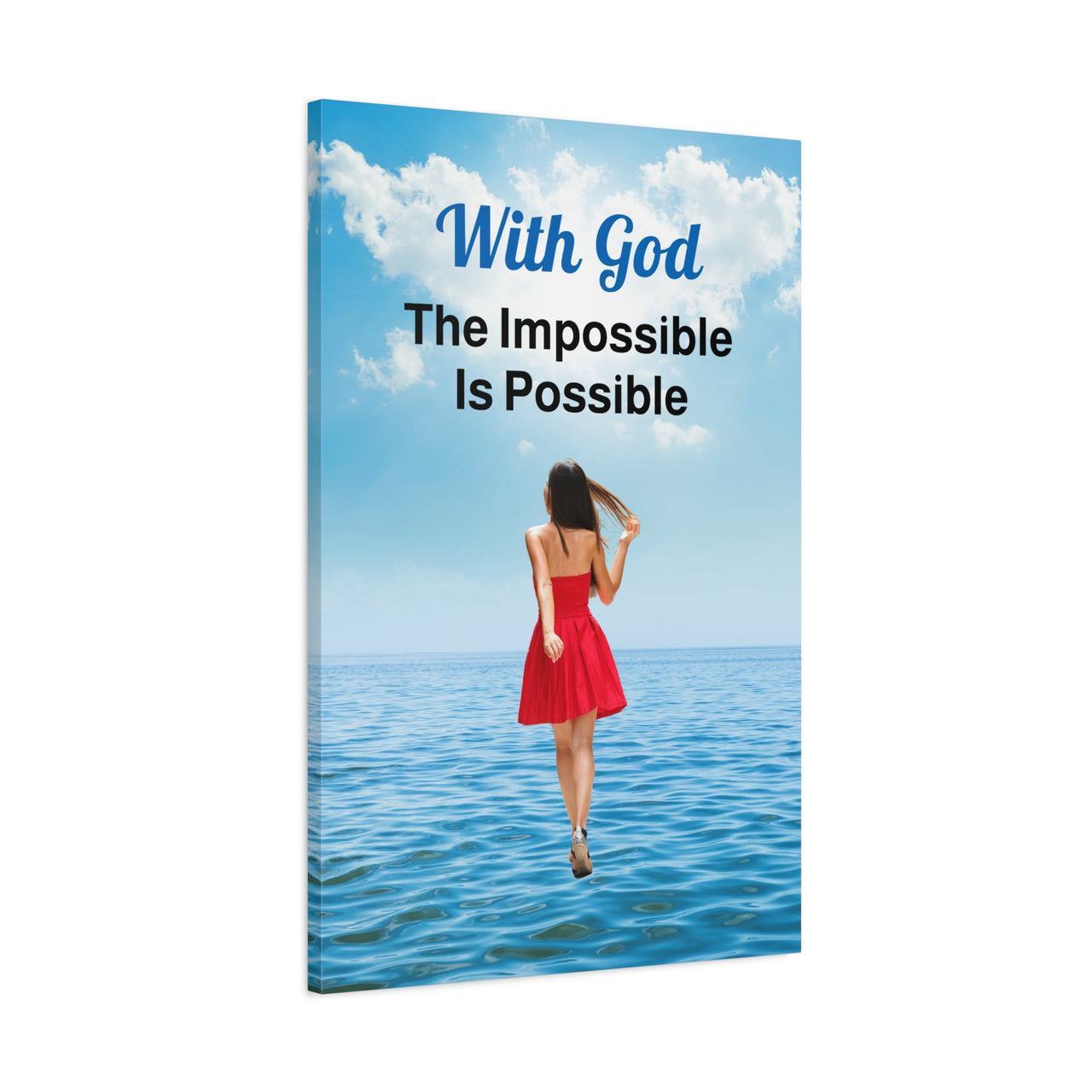 Canvas wall art with “Impossible Woman” design, woman walking on water with the message "With God, The Impossible Is Possible," pinewood frame, inspirational faith-based message, ready to hang, 24x36 canvas wall art