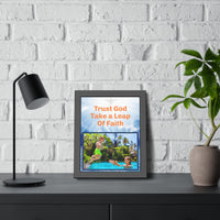 Black wood framed inspirational poster with “Leap of Faith” design, child jumping into pool, with the message