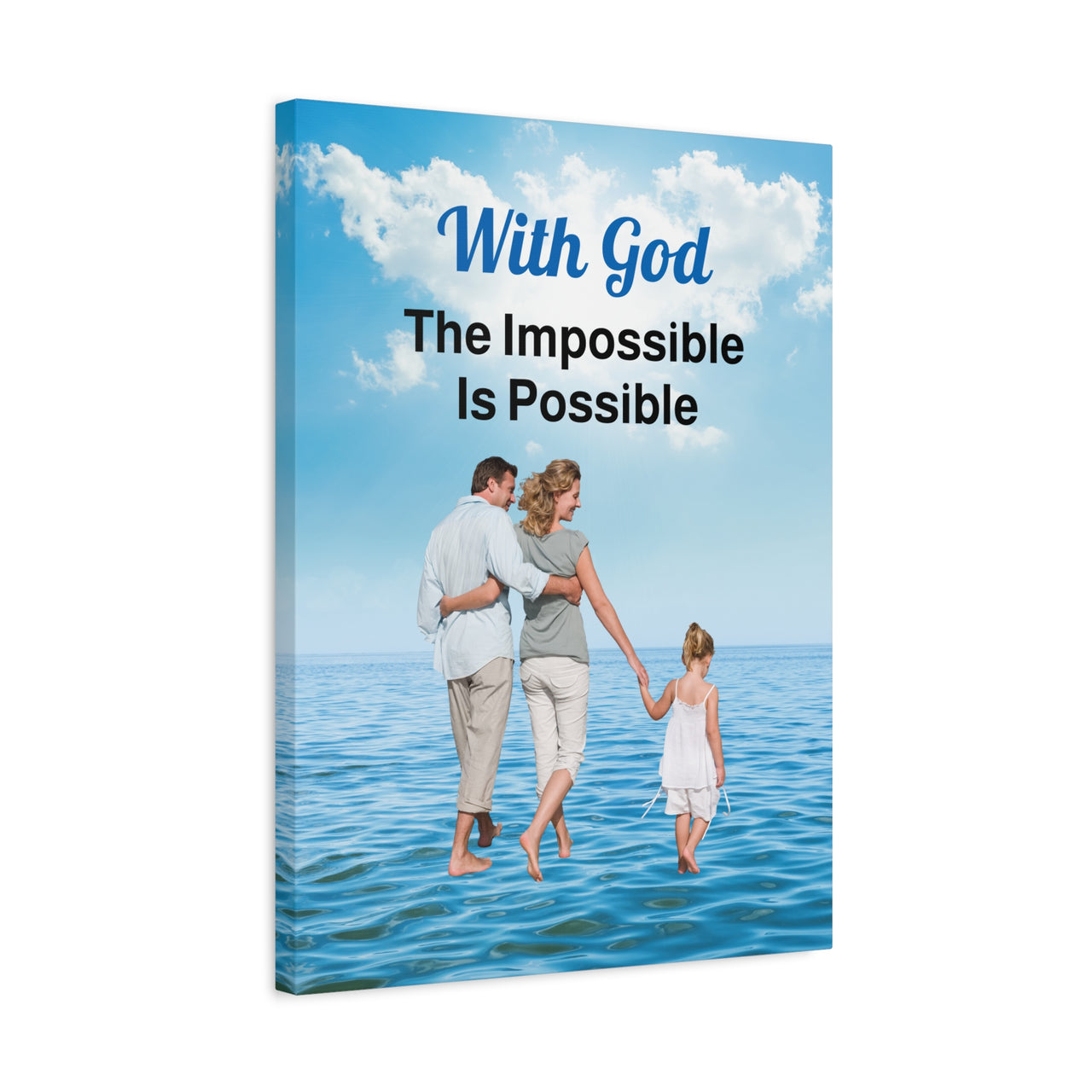 Canvas wall art with “Impossible Family” design, family walking on water with the message "With God, The Impossible Is Possible," pinewood frame, inspirational home décor, ready to hang, 18x24 wall art