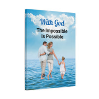 Canvas wall art with “Impossible Family” design, family walking on water with the message