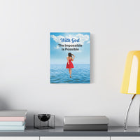 Canvas wall art with “Impossible Woman” design, woman walking on water with the message