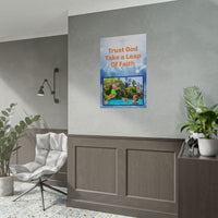 Inspirational poster with “Leap of Faith” design, child jumping into pool with the message