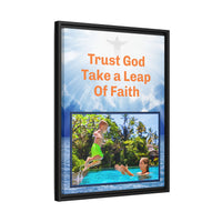Framed canvas wall art with “Leap of Faith” design, child jumping into pool with message