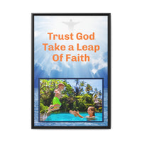 Framed canvas wall art with “Leap of Faith” design, child jumping into pool with message