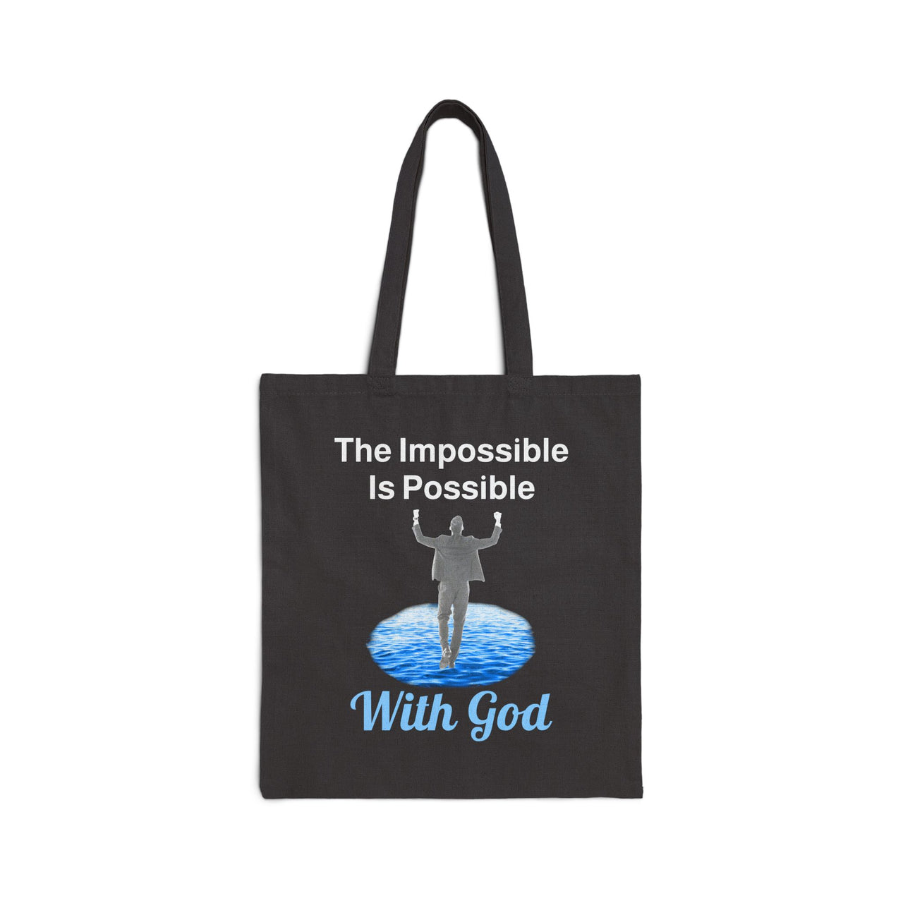 Cotton canvas tote bag with "Impossible Man" design, message “The Impossible Is Possible with God,” printed on both sides, durable spiritual tote bag for men walking in faith, black tote bag