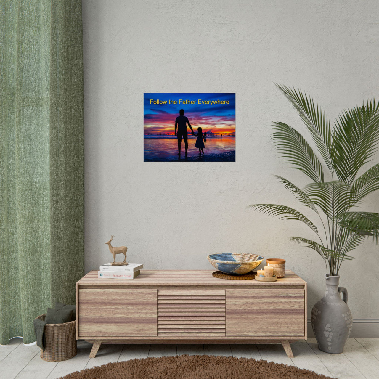 Inspirational poster with “Follow the Father” design, child walking with father, semi-gloss finish, vibrant Giclée print, available in 3 sizes, hope-filled wall art for home or office, 24x18 poster on wall