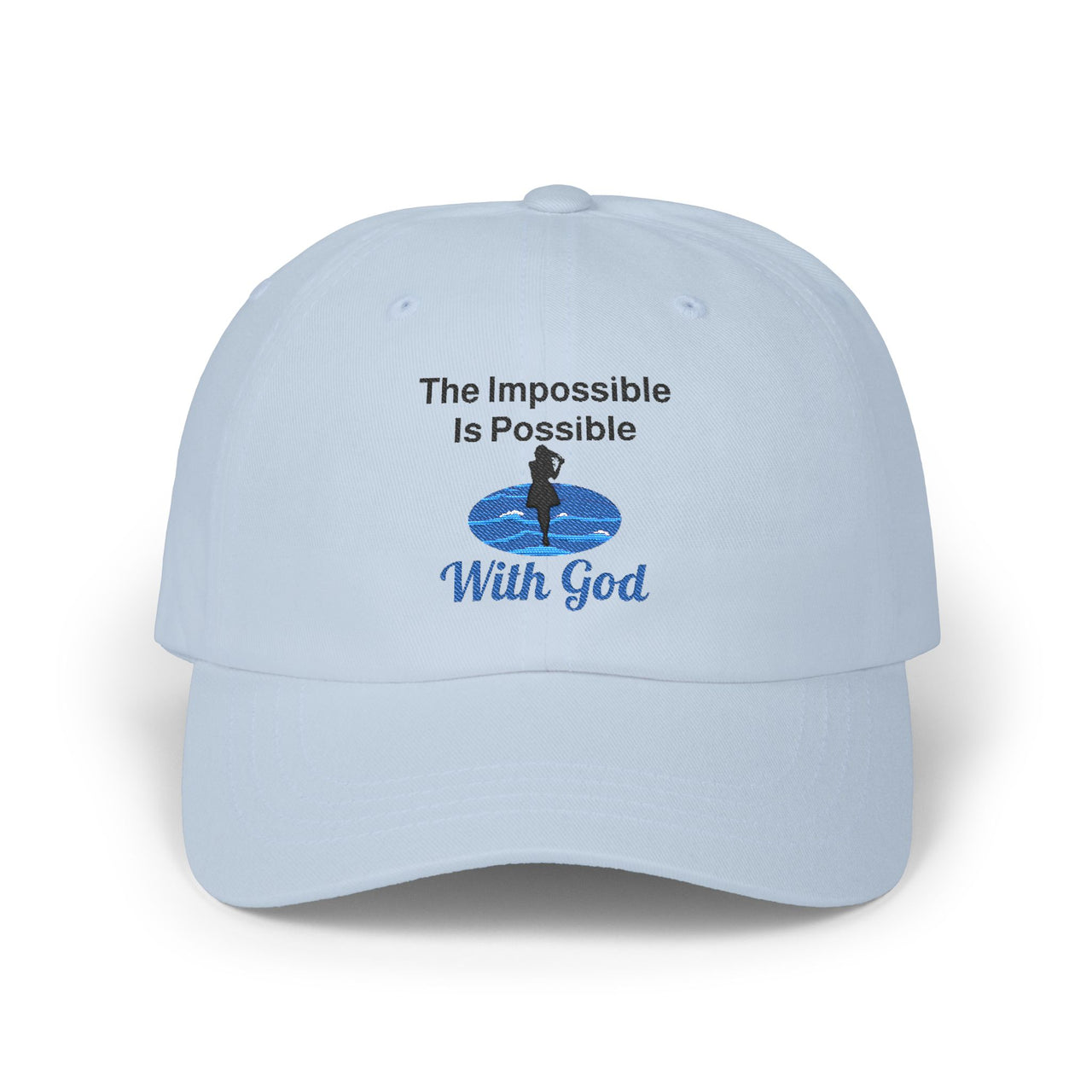 Classic cotton baseball cap with "Impossible Woman" design, message “The Impossible Is Possible with God,” adjustable fit, spiritual hat for women of purpose, light blue cap