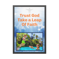 Black wood framed inspirational poster with “Leap of Faith” design, child jumping into pool, with the message