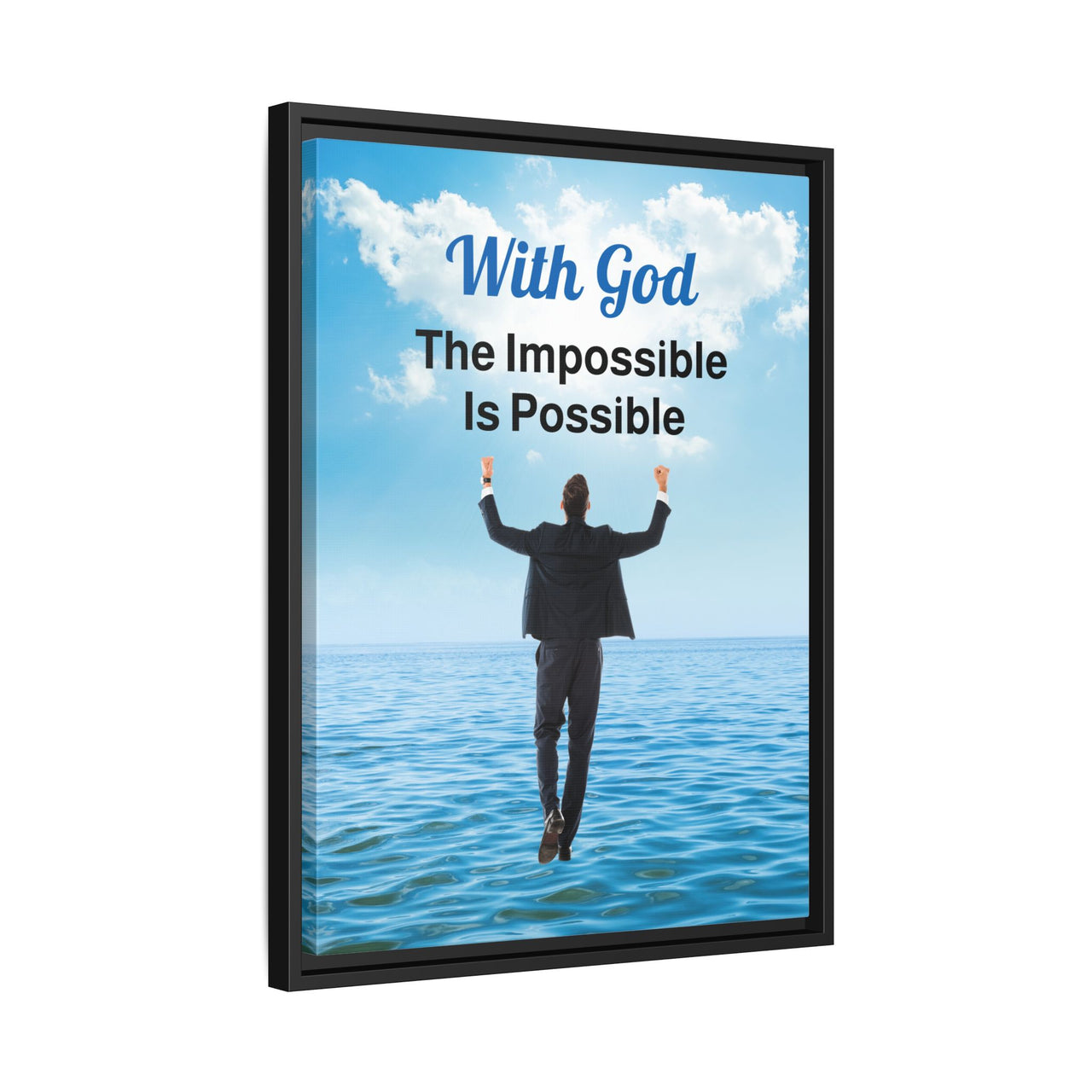 Framed canvas wall art with “Impossible Man” design, man walking on water, faith-based message, black pinewood frame, ready to hang, 18x24 framed wall art