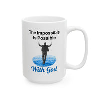 Motivational ceramic mug with “Impossible Man” design, man walking on water with the message