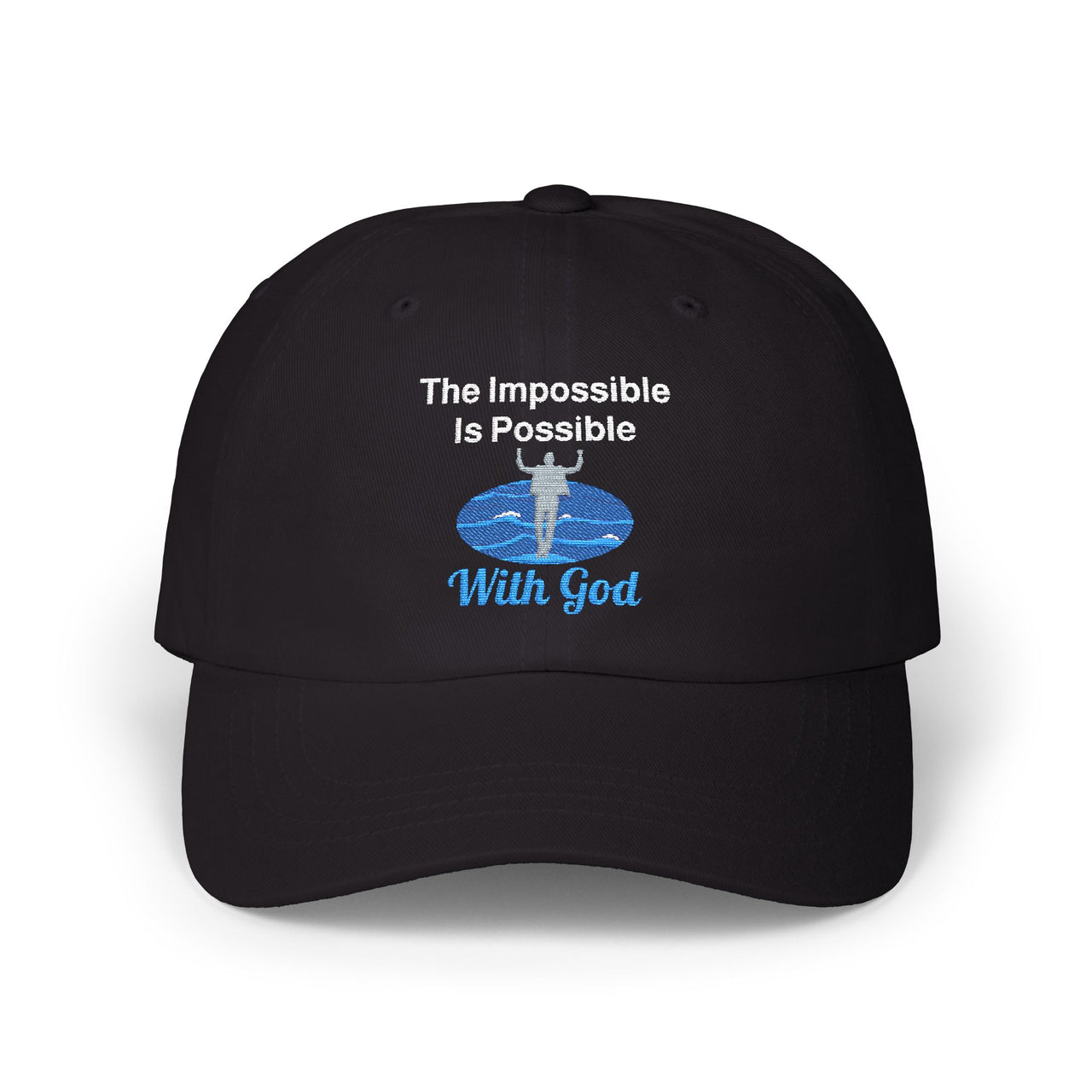 Classic cotton baseball cap with "Impossible Man" design, message “The Impossible Is Possible With God,” adjustable fit, spiritual hat for men walking in faith, black cap