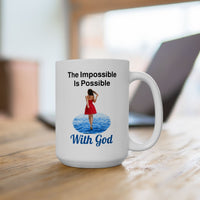 Inspired ceramic mug with “Impossible Woman” design, woman walking on water with message
