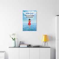 Canvas wall art with “Impossible Woman” design, woman walking on water with the message