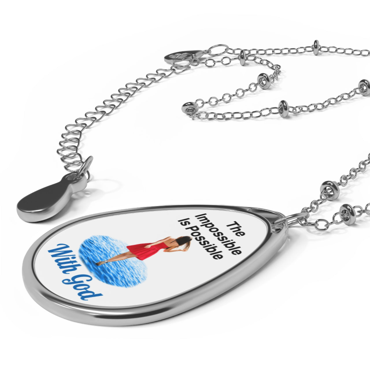Inspirational oval pendant necklace with "Impossible Woman" design, message “The Impossible Is Possible with God,” zinc alloy and white aluminum, spiritual jewelry for women of purpose, white pendant with necklace