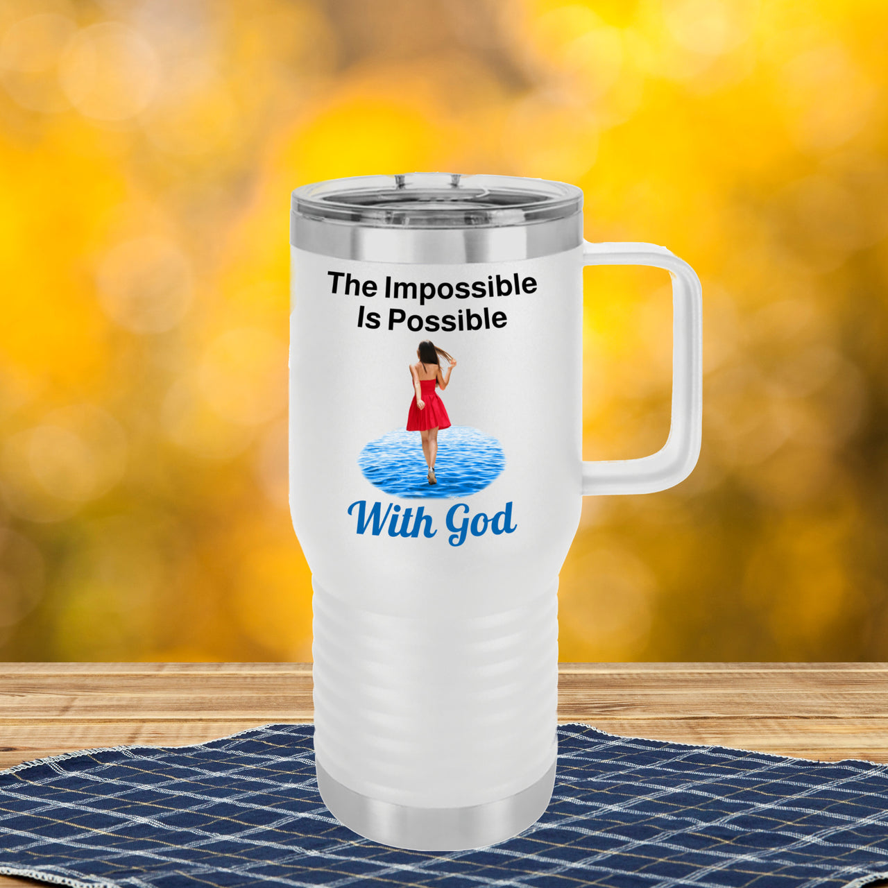 20oz faith-based travel mug with “Impossible Woman” design message "The Impossible Is Possible with God," inspirational tumbler for women, stainless steel, leak-proof, double-wall insulated, white