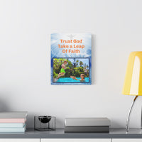 Canvas wall art with “Leap of Faith” design child jumping into pool with the message 
