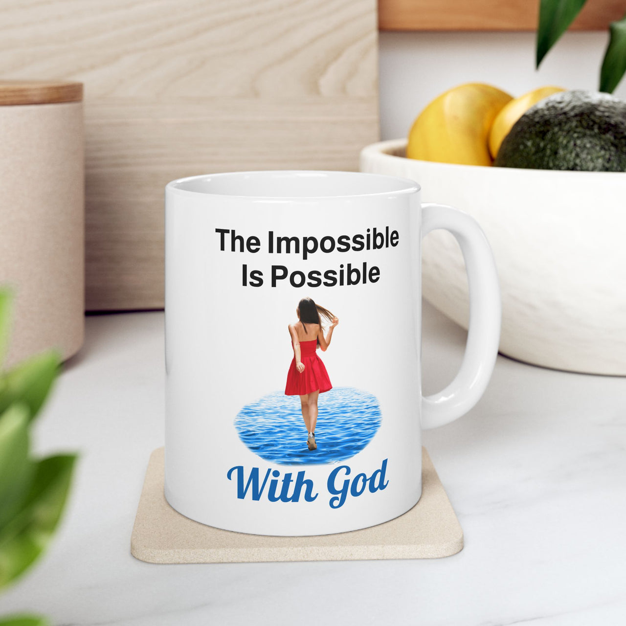 Inspired ceramic mug with “Impossible Woman” design, woman walking on water with message "The Impossible Is Possible with God," faith-based gift for women, microwave safe, 11oz and 15oz, 11 oz mug on table